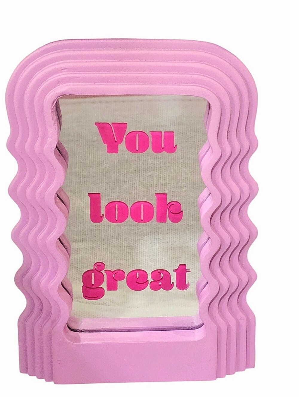 Hobby Lobby "You Look Great" Pink Wavy Frame Mirror